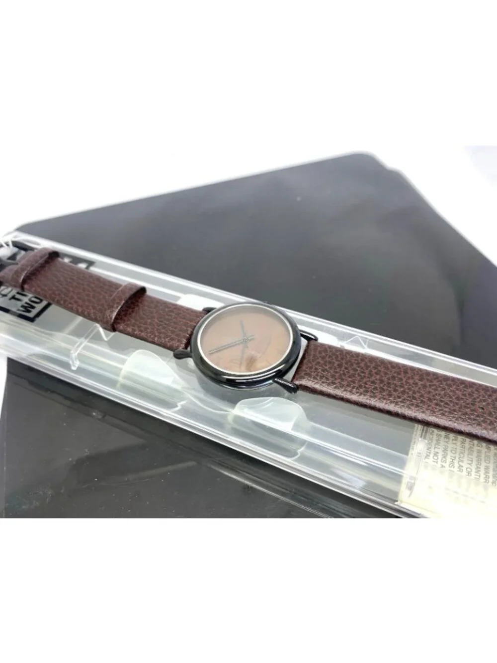 Disney Time Works Disneyland Unisex Watch Black Quartz Brown Leather Strap 34mm